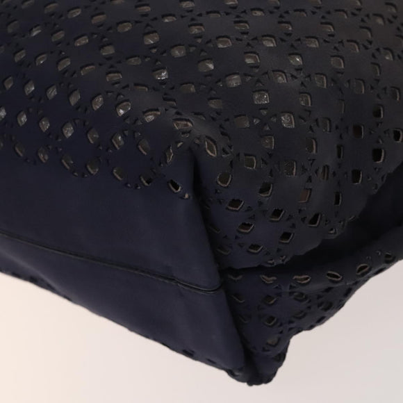 LOEWE Anagram Punching Shoulder Bag Leather Navy Metallic Silver Auth yk19288