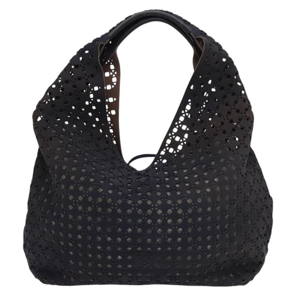 LOEWE Anagram Punching Shoulder Bag Leather Navy Metallic Silver Auth yk19288