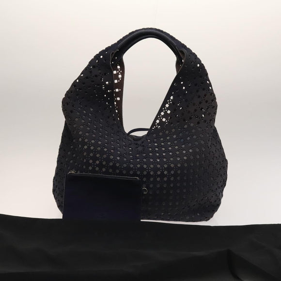 LOEWE Anagram Punching Shoulder Bag Leather Navy Metallic Silver Auth yk19288