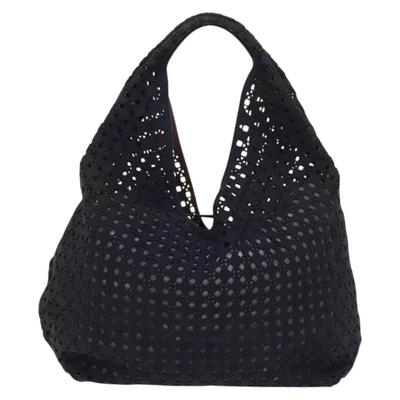 LOEWE Anagram Punching Shoulder Bag Leather Navy Metallic Silver Auth yk19288