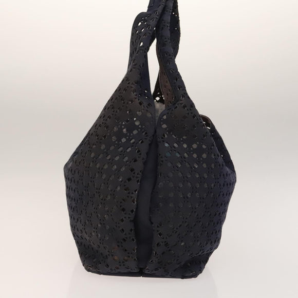 LOEWE Anagram Punching Shoulder Bag Leather Navy Metallic Silver Auth yk19288