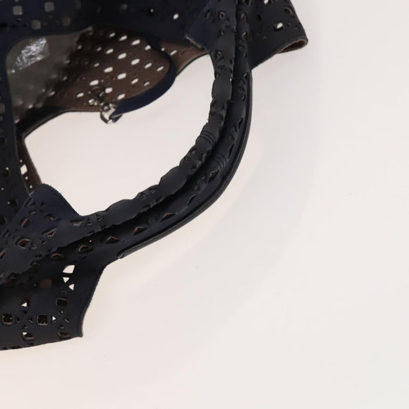 LOEWE Anagram Punching Shoulder Bag Leather Navy Metallic Silver Auth yk19288