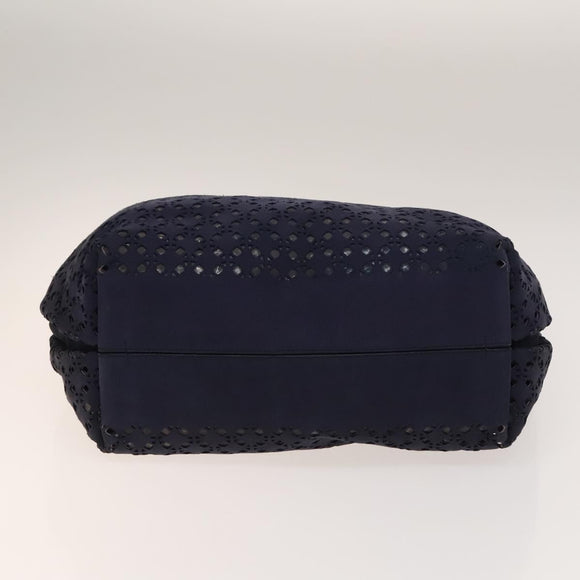 LOEWE Anagram Punching Shoulder Bag Leather Navy Metallic Silver Auth yk19288