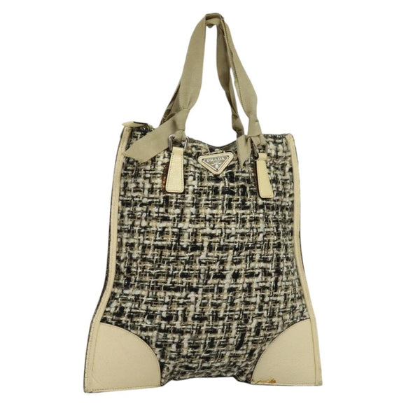 PRADA Hand Bag Tweed Leather Beige Black Silver Auth yk19291