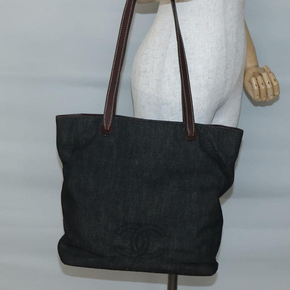CHANEL COCO Mark Tote Bag Denim Black Gold CC Auth yk19344