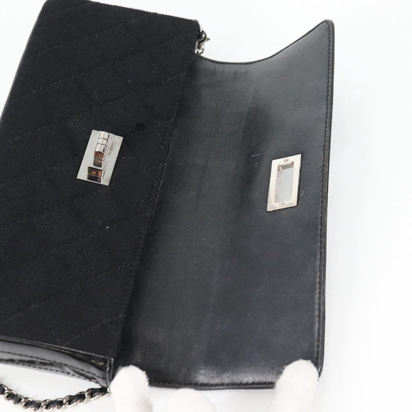 CHANEL Matelasse Chain Shoulder Bag Cotton Black Silver CC Auth yk19360