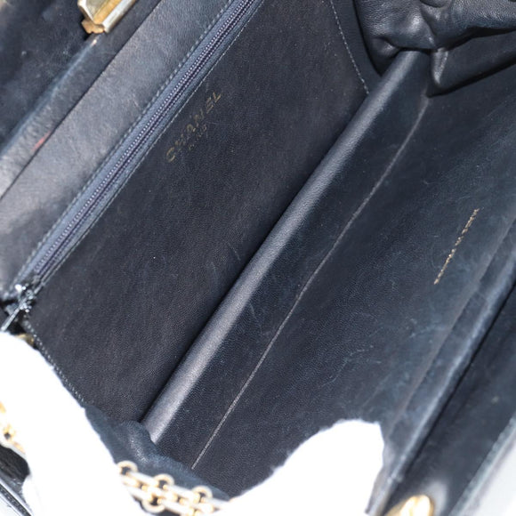 CHANEL Matelasse Chain Hand Bag Lamb Skin Black Gold CC Auth yk19362