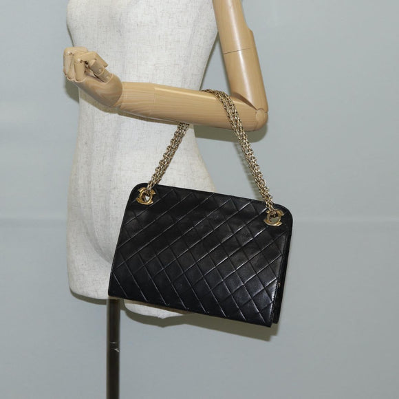 CHANEL Matelasse Chain Hand Bag Lamb Skin Black Gold CC Auth yk19362