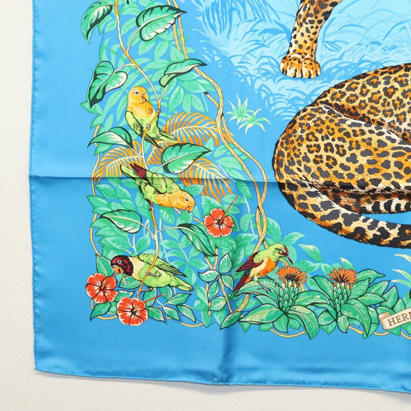 HERMES Carre 90 Scarf ""Jungle Love"" Silk Blue Auth yk19443