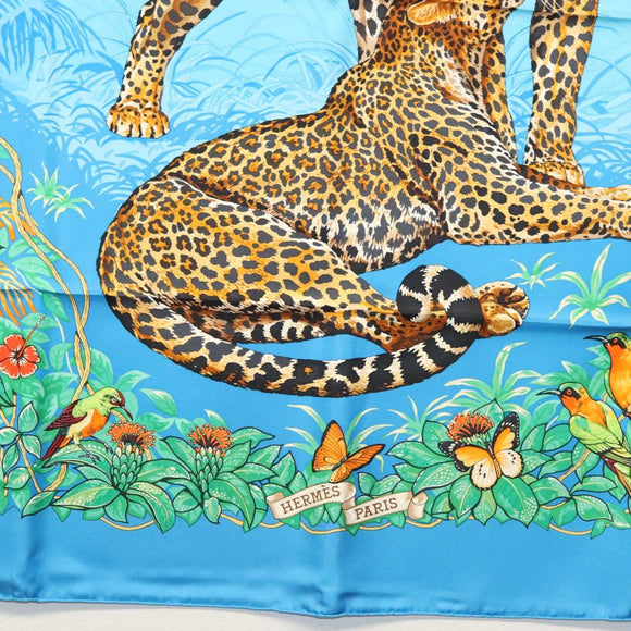 HERMES Carre 90 Scarf ""Jungle Love"" Silk Blue Auth yk19443