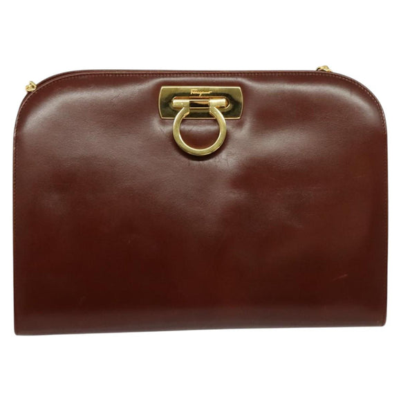 Salvatore Ferragamo Chain Gancini Shoulder Bag Leather Brown Gold Auth yk19457