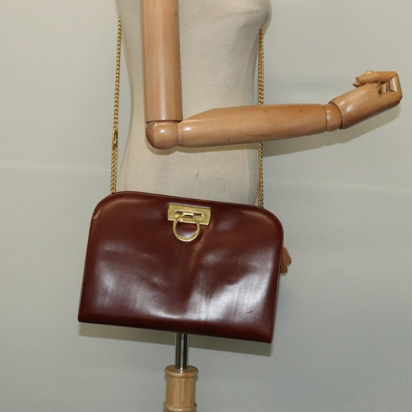 Salvatore Ferragamo Chain Gancini Shoulder Bag Leather Brown Gold Auth yk19457
