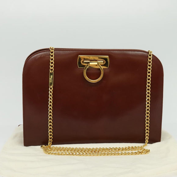 Salvatore Ferragamo Chain Gancini Shoulder Bag Leather Brown Gold Auth yk19457