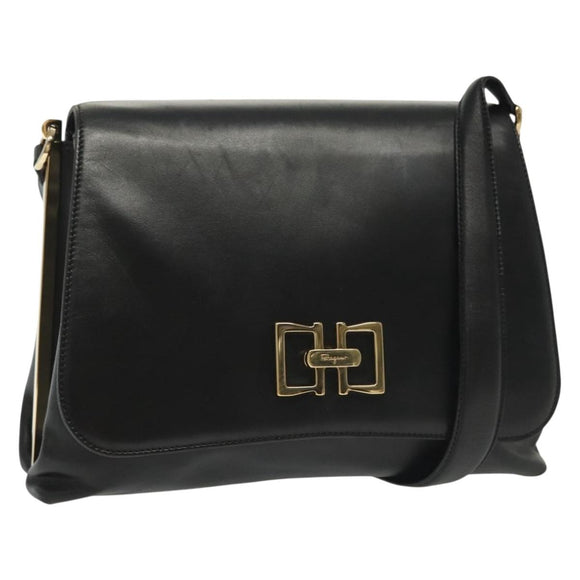 Salvatore Ferragamo Shoulder Bag Leather Black Gold Auth yk19470