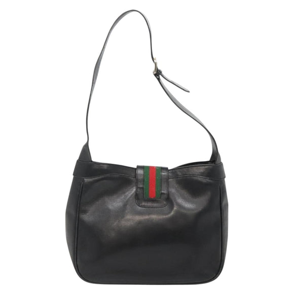 GUCCI Web Sherry Line Shoulder Bag Leather Black Red Green Auth yk19474