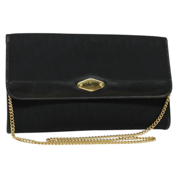 Christian Dior Trotter Canvas Chain Shoulder Bag Black Gold Auth yk19482