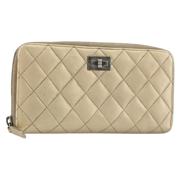 CHANEL 2.55 Matelasse Long Wallet Lamb Skin Gold CC Auth yk19525