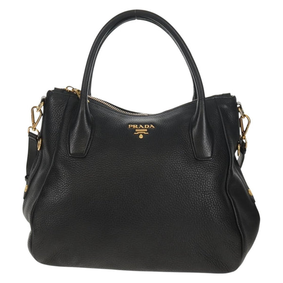 PRADA Hand Bag Leather 2way Black Gold Auth yk19532V