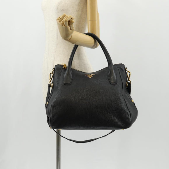 PRADA Hand Bag Leather 2way Black Gold Auth yk19532V