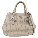 PRADA Gathered Hand Bag Leather 2way Beige Silver Auth yk19545-1