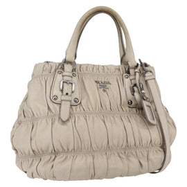 PRADA Gathered Hand Bag Leather 2way Beige Silver Auth yk19545