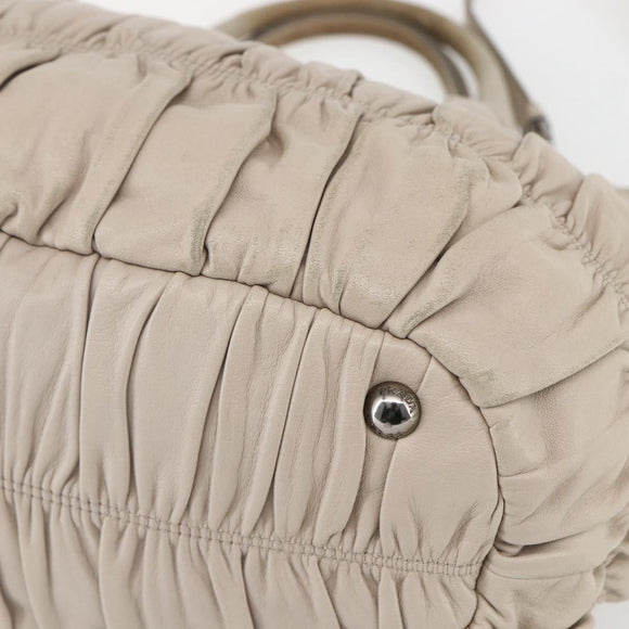 PRADA Gathered Hand Bag Leather 2way Beige Silver Auth yk19545