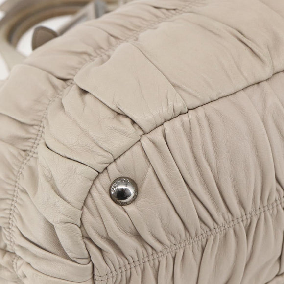 PRADA Gathered Hand Bag Leather 2way Beige Silver Auth yk19545