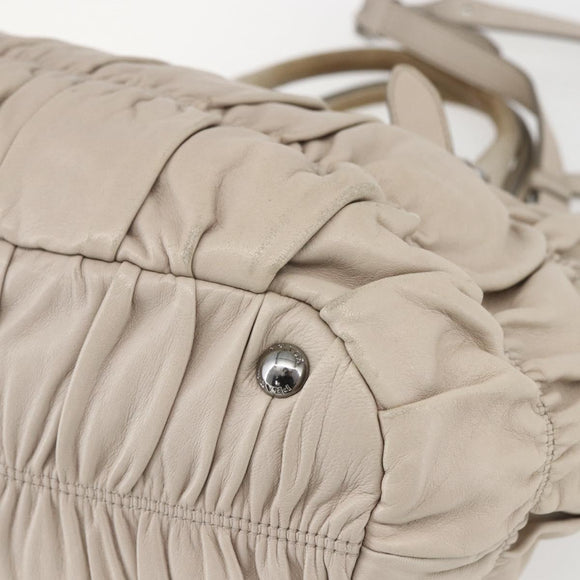 PRADA Gathered Hand Bag Leather 2way Beige Silver Auth yk19545