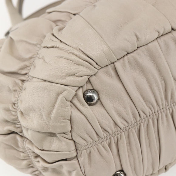 PRADA Gathered Hand Bag Leather 2way Beige Silver Auth yk19545