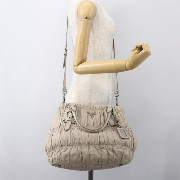 PRADA Gathered Hand Bag Leather 2way Beige Silver Auth yk19545
