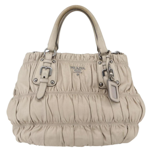 PRADA Handtas van geplooid leer 2-weg beige zilver Auth yk19545