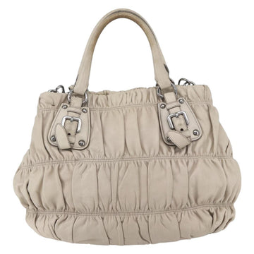 PRADA Gathered Hand Bag Leather 2way Beige Silver Auth yk19545 - 0