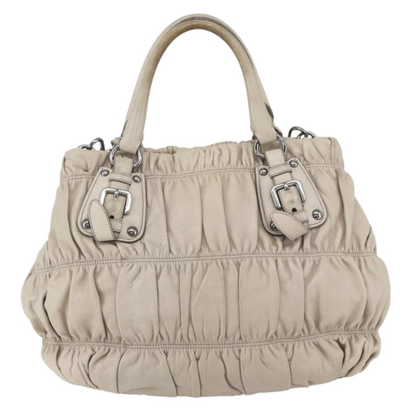 PRADA Gathered Hand Bag Leather 2way Beige Silver Auth yk19545