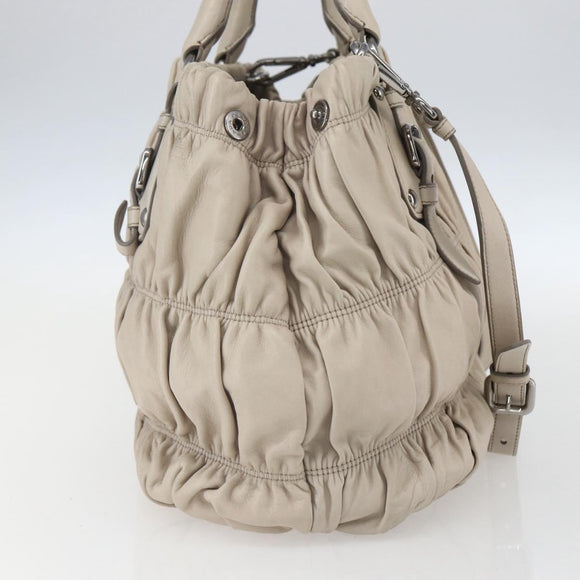 PRADA Gathered Hand Bag Leather 2way Beige Silver Auth yk19545
