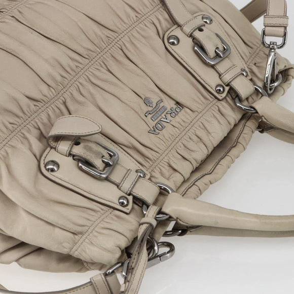 PRADA Handtas van geplooid leer 2-weg beige zilver Auth yk19545