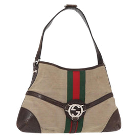 GUCCI Web Sherry Line Shoulder Bag Beige Silver Red 114877 Auth yk19547