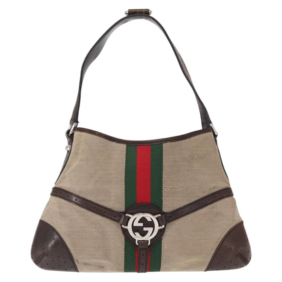 GUCCI Web Sherry Line Shoulder Bag Beige Silver Red 114877 Auth yk19547