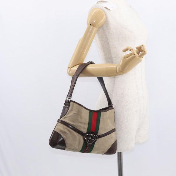 GUCCI Web Sherry Line Shoulder Bag Beige Silver Red 114877 Auth yk19547