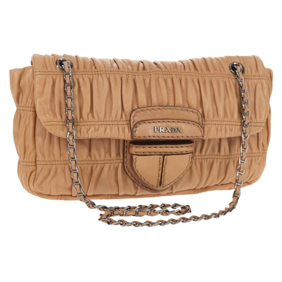 PRADA Gathered Chain Shoulder Bag Leather Beige Silver B4553C Auth yk19578V