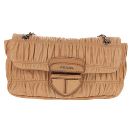PRADA Gathered Chain Shoulder Bag Leather Beige Silver B4553C Auth yk19578V - 0