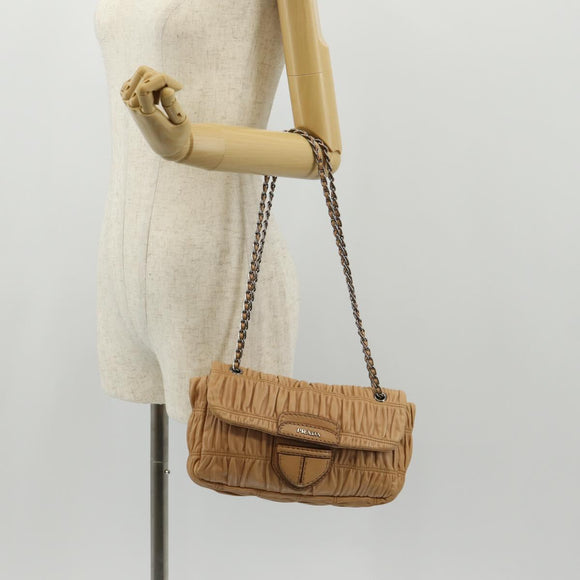 PRADA Gathered Chain Shoulder Bag Leather Beige Silver B4553C Auth yk19578V