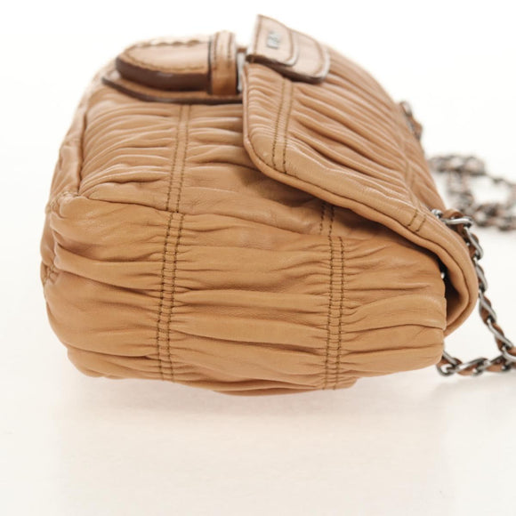PRADA Gathered Chain Shoulder Bag Leather Beige Silver B4553C Auth yk19578V