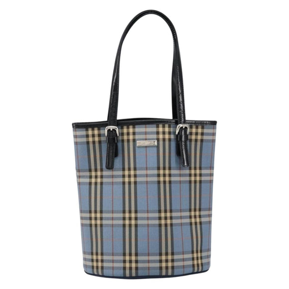 BURBERRY Nova Check Blue Label Tote Bag Canvas Light Blue Silver Auth yk19580