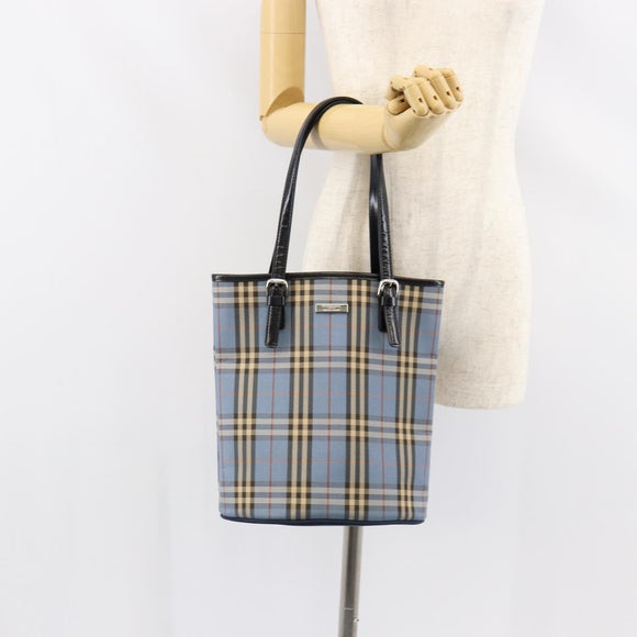 BURBERRY Nova Check Blue Label Tote Bag Canvas Light Blue Silver Auth yk19580