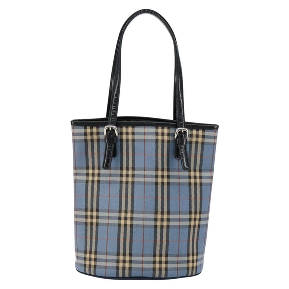 BURBERRY Nova Check Blue Label Tote Bag Canvas Light Blue Silver Auth yk19580