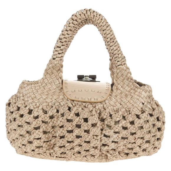 Salvatore Ferragamo Gancini Hand Bag Leather Beige Silver Auth yk19584A