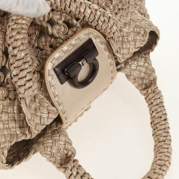 Salvatore Ferragamo Gancini Hand Bag Leather Beige Silver Auth yk19584A