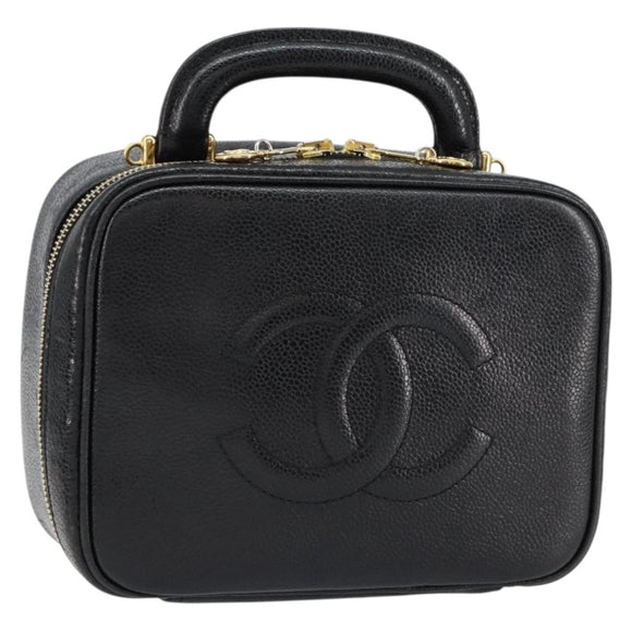 CHANEL COCO Mark Vanity Hand Bag Caviar Skin Black Gold CC Auth yk19585