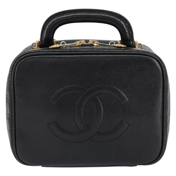 CHANEL COCO Mark Vanity Hand Bag Caviar Skin Black Gold CC Auth yk19585