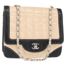 CHANEL Choco Bar Chain Bag Lamb Skin Patent Beige Silver CC Auth yk19599-1